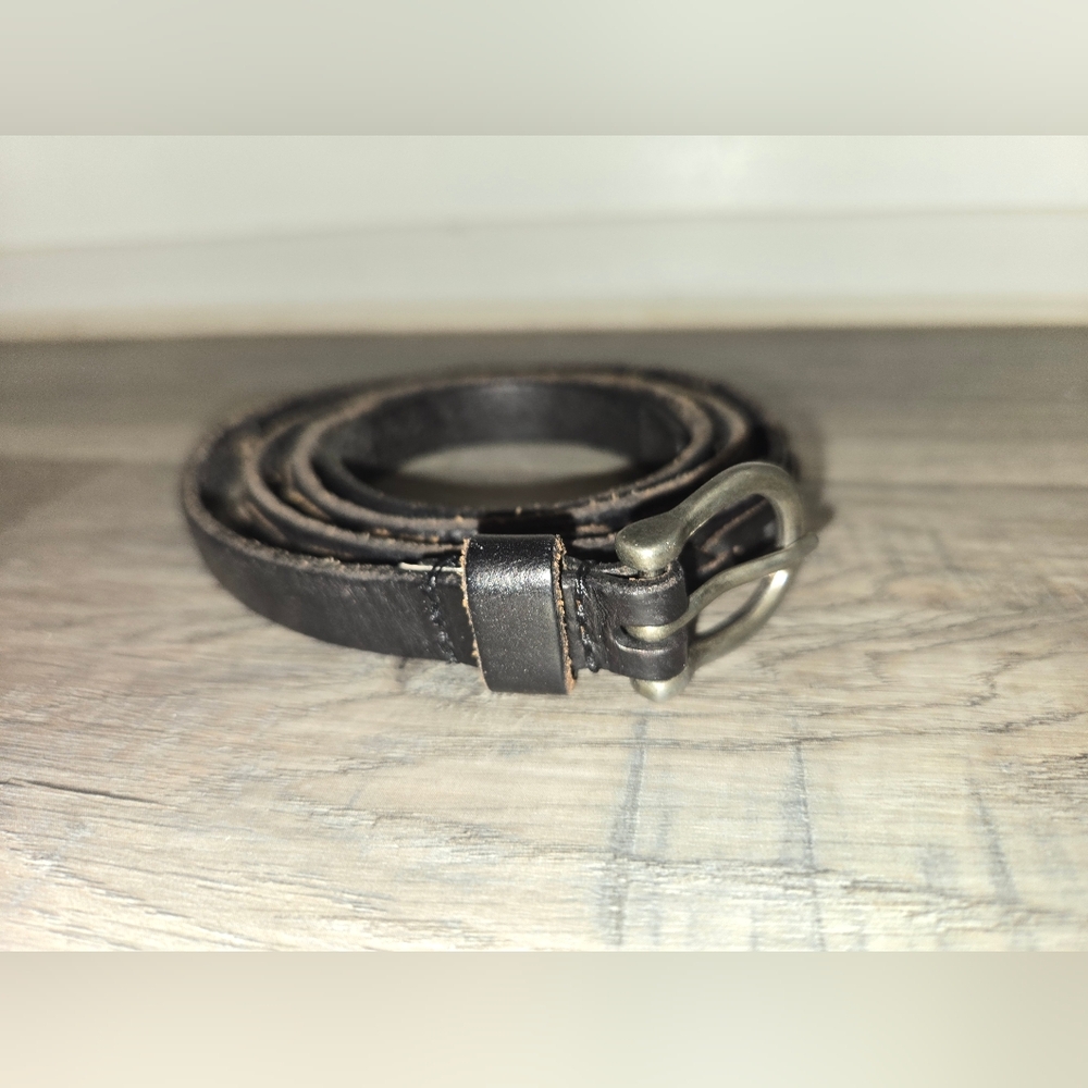 Thin Leather Belt with Brided Design Silver Tone Buckle 30-38 Inches